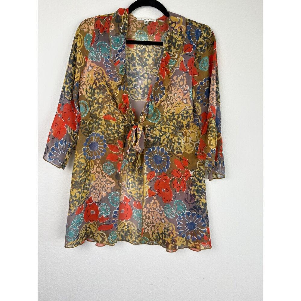Cabi Blouse 360 Shakespeare Ruffle Floral Open Front Tie Blouse Bell Sleeve Sz S